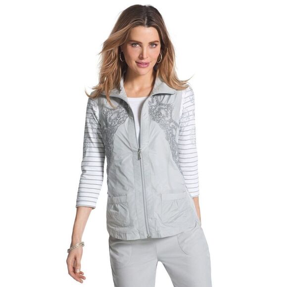 Chicos Jacket Women 2 Gray Zenergy Vest Full Zip Lace Lace Embroidered Preppy - Picture 1 of 15
